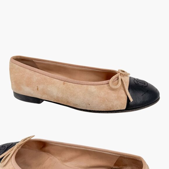 Chanel CC Cap Toe Ballet Flats EU 37.5 US 6.5-7 Beige Suede & Black Two Tone - Picture 9 of 16